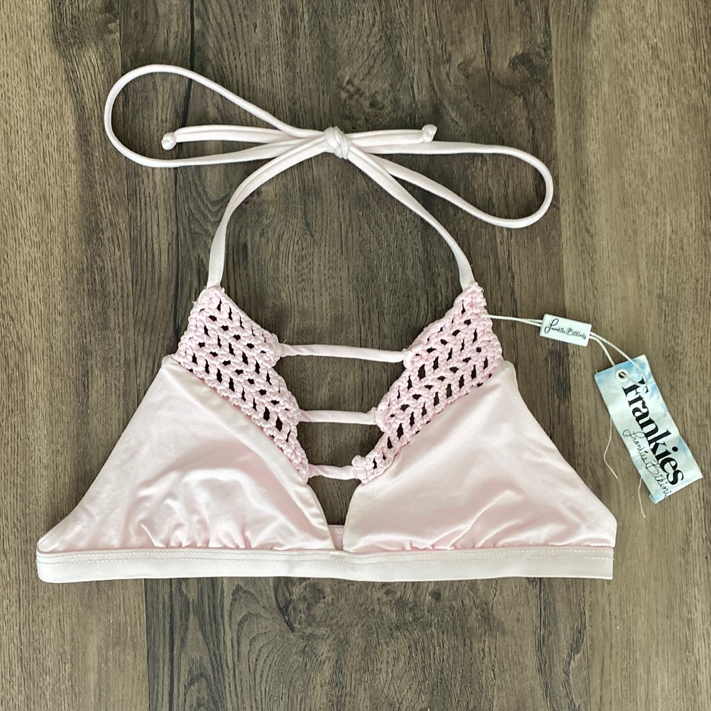 Frankie’s Bikinis Baby Pink Crochet Trim Triangle Top